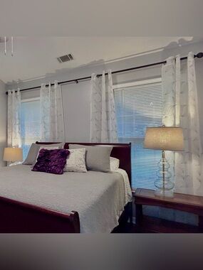 Softline Sheer Luxury White with gray embroidered Curtains. 2 sets of 2 Panels